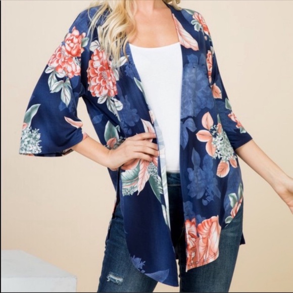 Blue and Floral 3/4 Sleeve Kimono Cardigan - Picture 5 of 7